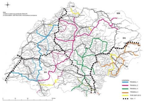 DOUĂ DIN ŞASE. Deşi a depus la Agenţia de Dezvoltare Regională Nord-Vest şase proiecte pentru reabilitarea şi modernizarea unor drumuri, judeţul Bihor ar putea primi finanţare prin POR pentru numai două. Unul (evidenţiat pe hartă cu linie albastră continuă) ar lega Salonta, Beiuşul, Aleşdul şi Marghita de autostrada din sudul Ungariei şi de judeţul Satu Mare, iar celălalt (evidenţiat cu linie de culoare roz) ar lega Beiuşul prin Valea Drăganului de aceeaşi autostradă din sudul Ungariei şi de DN1 cu ieşire în judeţul Cluj prin Poieni 